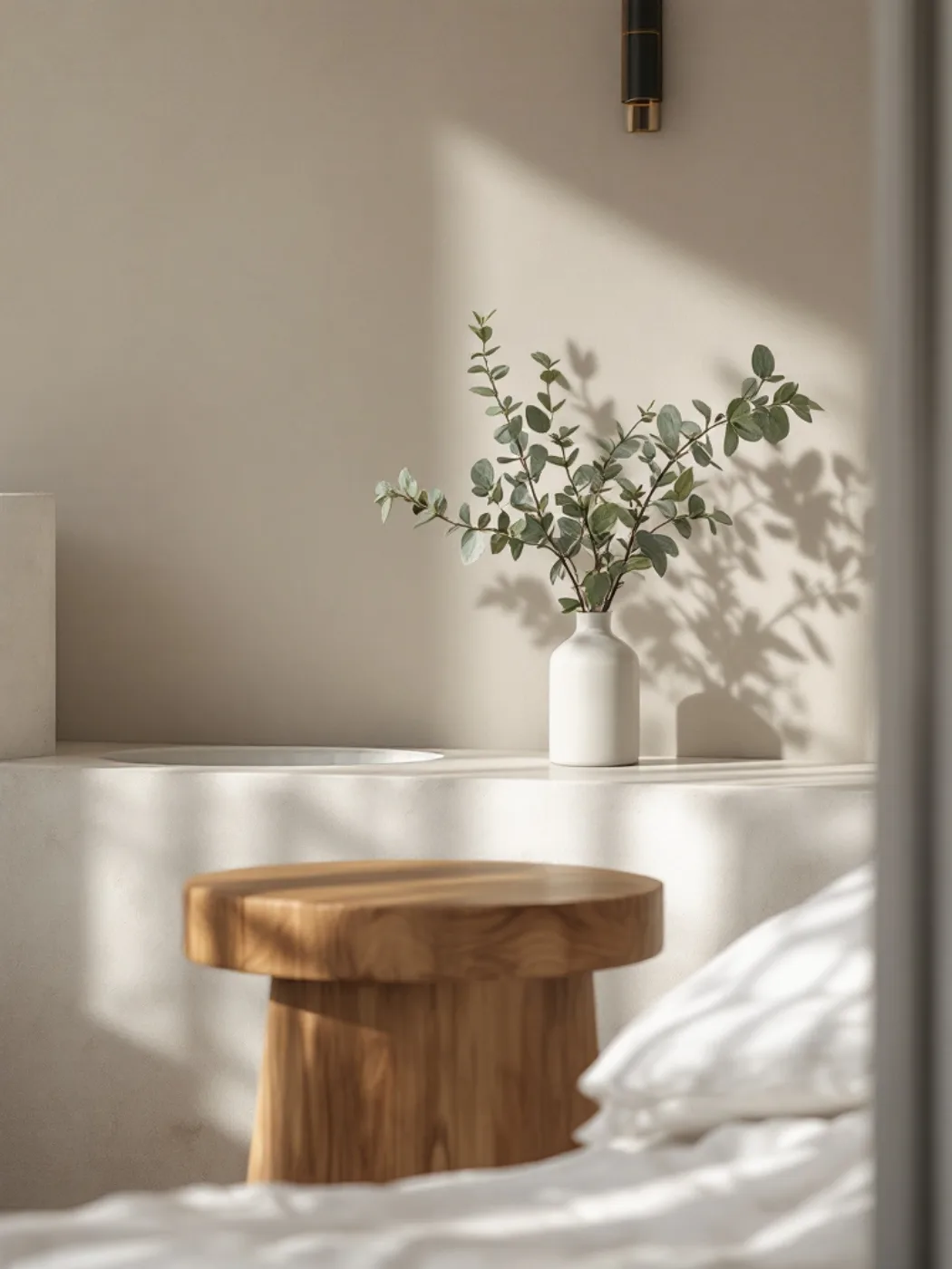 A sprig of eucalyptus in a plain white vase on a stone shelf, beside a small round timber stool, in soft morning light.