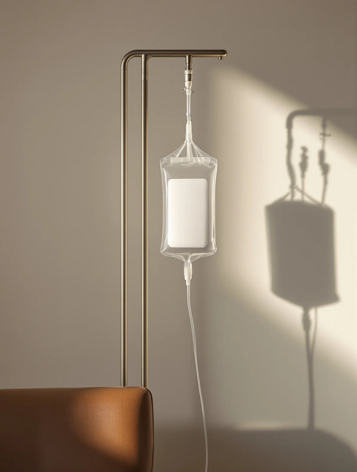 A clear intravenous bag hanging from a slim brass stand in a quiet consulting room, its shadow cast on a pale wall.