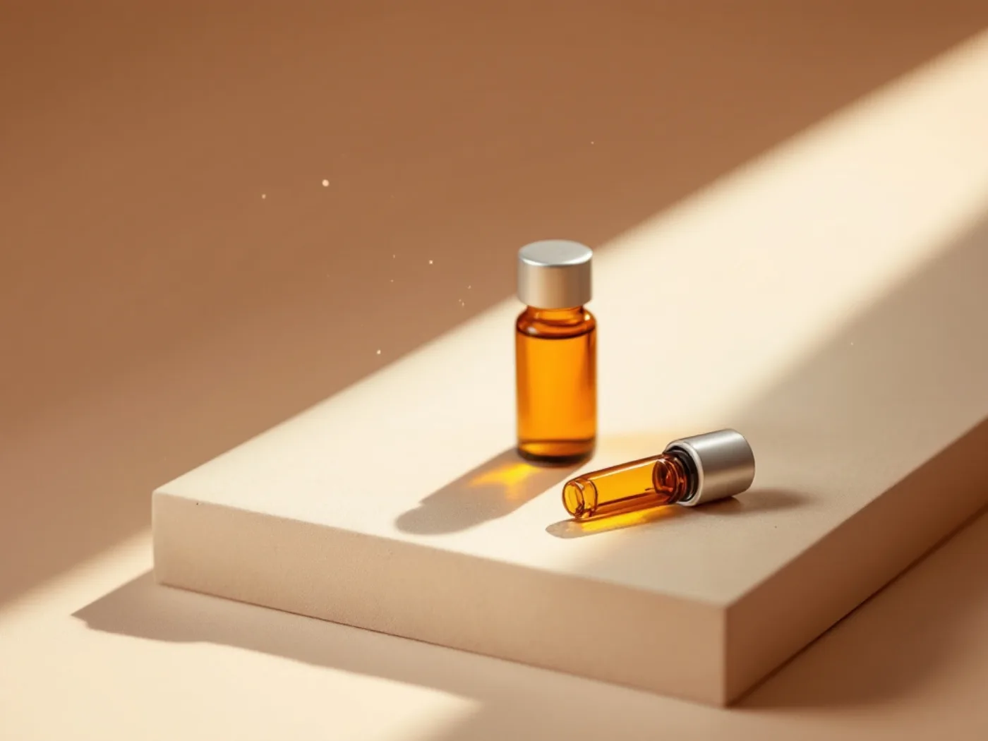 Two small amber glass vials with brushed metal caps on a pale stone plinth in raking daylight.
