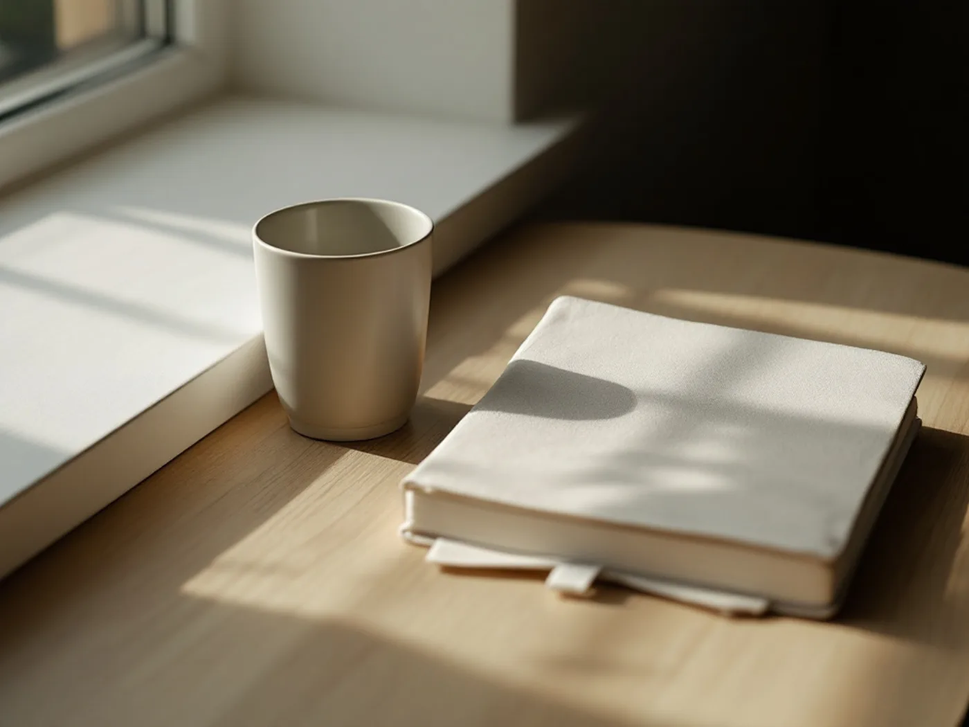 A plain ceramic cup and a linen-bound notebook on a light timber table beside a window.